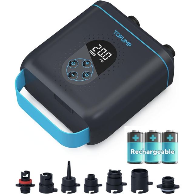 Topump Pompa electrica cu acumulator Topump TPS260 pentru SUP, Caiac, Kite, Saltea, 20PSI, 4000mAh 11V, 2 motoare (volum+compresor), Umflare-Dezumflare, 7 adaptoare, USB-C, Negru