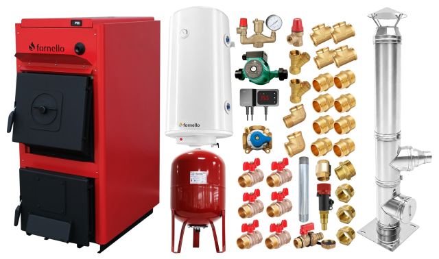Pachet centrala pe combustibil solid Fornello T-PRO 35 kW, cos inox, boiler, vas expansiune, fitinguri si accesorii de baza