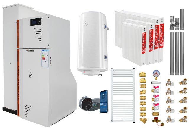 Pachet Centrala termica compacta pe peleti Fornello Rossi Camino Compact Automatic 25 kw, calorifere, boiler, termostat, kit evacuare, fitinguri, pompa de circulatie, vas expansiune, tiraj fortat, curatare automata a arzator si  drumuri de fum
