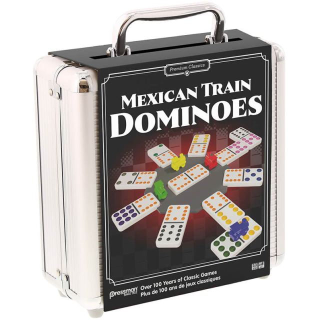 Pressman Premium Classics - Mexican Train Dominoes - Joc Domino Trenul Mexican , in cutie metalica, 91 piese
