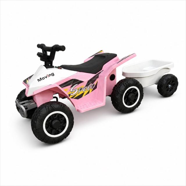 Atv electric cu remorca Nichiduta Mooving Speed PinkWhite, roti rezistente, remorca detasabila, acumulator 6V4.5Ah, motor 35w, suport picioare