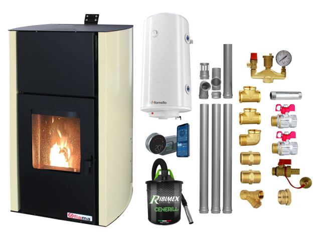 Pachet control de la distanta, Termosemineu pe peleti Fornello Fiama Confort 18 kw, complet echipat pentru incalzire, Pompa, Vas expansiune, Automatizare, Boiler 100 litri, Termostat Salus IT 800, Aspirator, Kit evacuare 3.5 ml si Fitinguri montaj