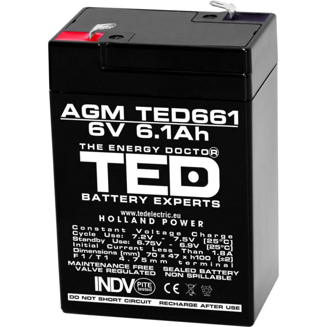 TED&nbsp;Electric Acumulator Ted Electric TED002938, 6V Stationar VRLA, Dimensiuni 70 x 48 x 101 mm, Baterie 6V 6.1Ah
