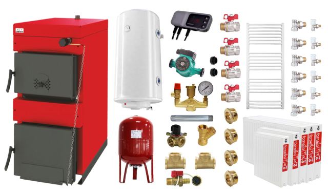 Pachet Centrala pe combustibil solid ​Sunsystem Burnit NWB 30 kW, calorifere, boiler termoelectric, vas expansiune, pompa circulare, controller pompa, fitinguri montaj