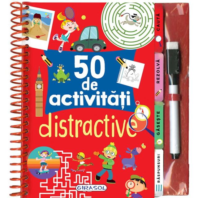 GIRASOL Carte de activitati Girasol 50 de activitati distractive, Varsta 3+, Paginile plastifiate, Carioca inclusa