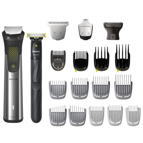 Set OneBlade & Aparat de tuns barba si parul 20 in 1 PHILIPS Multigroom All in One MG9553/15, tehnologie BeardSense si OneBlade, lame din otel cu auto-ascutire, 27 setari de lungime, rezistent la apa, husa (Argintiu)