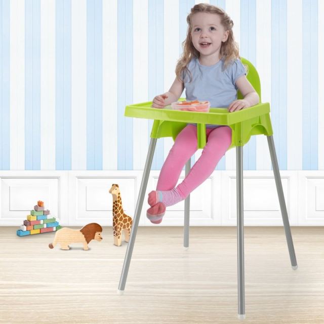 Scaun de masa bebelusi Little Mom Infant Green cu centura de siguranta si masuta, 6-36 luni, picioare antiderapante, tavita detasabila