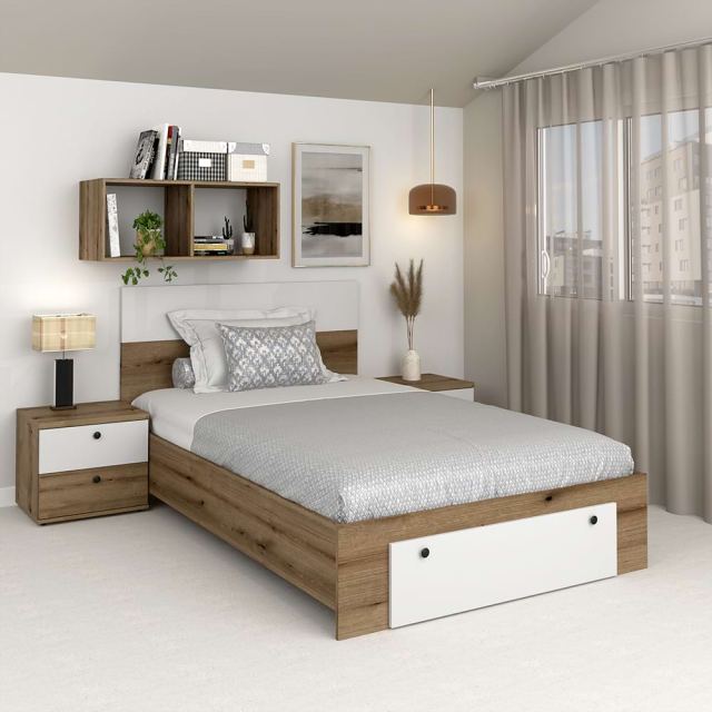Pat cu saltea inclusa AMBRO, 90x200, sertar frontal, Stejar, Alb