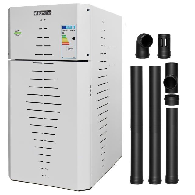 Pachet centrala pe peleti Fornello INCANTO COMPACT 35 kW, pompa electronica, vas expansiune, arzator inox, grup de siguranta, kit evacuare 2.5 ml, sistem de curatare MECANICA a creuzetului si drumurilor de fum, culoare alb