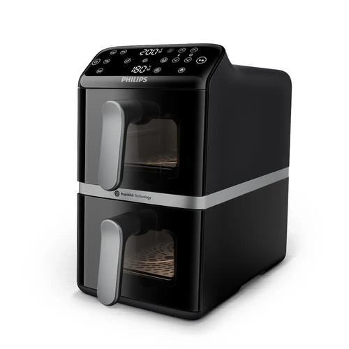 Friteuza cu aer cald Philips Stacked Dual Basket AirFryer Seria 4000 NA461/00, 2 cosuri (total 10l), 2750W, 40~200°C, Fereastra de gatit, 6 programe, 13 functii, Smart Copy, Shake, RapidAir (Negru)
