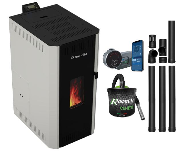 Pachet termosemineu pe peleti Fornello CALORE COMPACT 35 kW, pompa electronica, vas expansiune, arzator inox, grup de siguranta, kit evacuare, termostat Salus IT 800, aspiratior, sistem de curatare MECANICA a creuzetului si drumurilor de fum