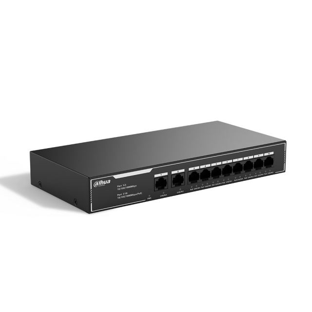 Switch cu 10 porturi Gigabit Dahua SG1010LP, 20 Gbps, RJ45 10/100/1000Mbps, 8x porturi PoE, fara management