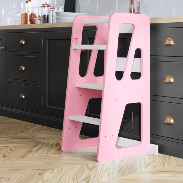 Turn de invatare din lemn pentru copii Triangle PinkWhite, design montessori, robust, margini rotunjite, cu platforma si trepte reglabile, dimensiune 90 x 44 x 39.5 cm