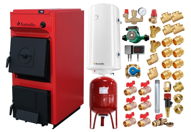 Pachet centrala pe combustibil solid Fornello T-PRO 40 kW, boiler, vas expansiune, fitinguri si accesorii de baza