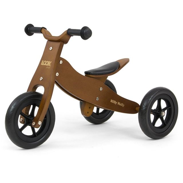 Milly&nbsp;Mally Tricicleta de echilibru 2 in 1 Milly Mally, Look, Lemn, dubla functionalitate- bicicleta cu trei sau doua roti, reglarea seii in inaltime in 4 trepte, Maro inchis