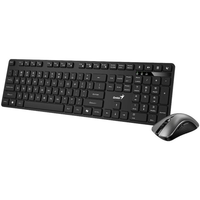 genius KIT tastatura si mouse wireless GENIUS, tastatura wireless 104 taste (slim) + mouse wireless 1200dpi, 3 butoane, 11 taste functii multimedia, Silent, AI key, Negru, KM-8216S, SmartGenius app 31340018400