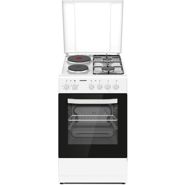 HEINNER Aragaz mixt Heinner HFSC-S56E2HSWH, 2 arzatoare gaz + 2 plite electrice, aprindere electrica arzatoare, cuptor electric, clasa A, grill, 50x60 cm, Alb