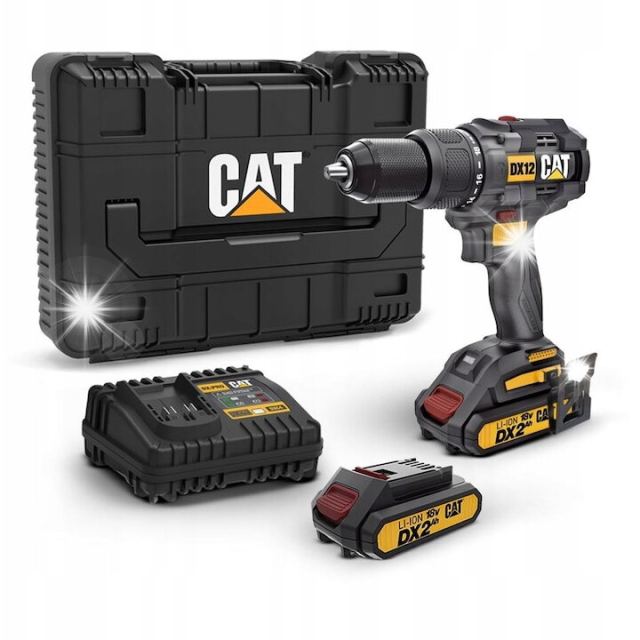 CAT Masina de gaurit si insurubat cu percutie CAT DX12, 18 V, 65Nm, 2 trepte de viteza 0-500/0-2000RPM, motor fara perii, 2 acumulatori de 2Ah, incarcator rapid, cutie