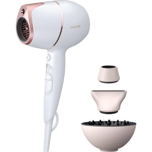 Uscator de par Philips Prestige BHD628/00, senzor SenseIQ, 2 setari viteza, 3 moduri presetate de uscare, ingrijire cu ioni, design compact, difuzor de volum, cap de coafare 11 mm, cap de uscare, 1800 W, Roz/Alb