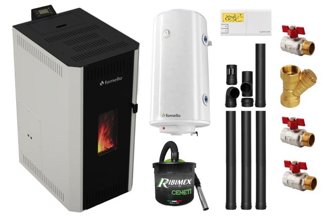 Pachet termosemineu pe peleti Fornello CALORE COMPACT 25 kW, pompa electronica, vas expansiune, arzator inox, grup de siguranta, kit evacuare 3.5 ml, termostat, aspiratior, boiler 100L si Fitinguri montaj
