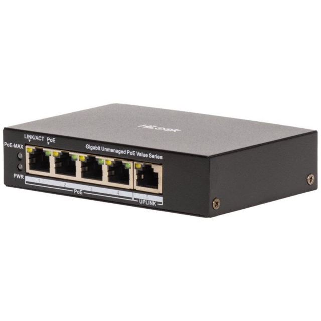 Switch cu 4 porturi PoE Gigabit Hikvision HiLook NS-0505P-45(B), 10/100/1000 Mbps, 1 port Uplink, 10 Gbps, buget PoE 45W, fara management