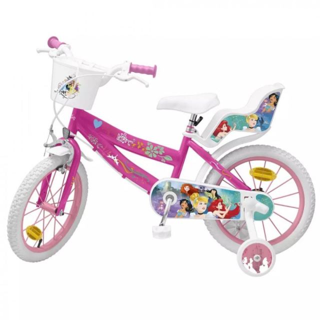 Bicicleta copii Huffy Princess 16 inch, cu roti ajutatoare si cosulet,de la 5 ani, inaltimea recomandata 110-20 cm, cosulet accesorii in fata si scaunel pentru papusa in spate
