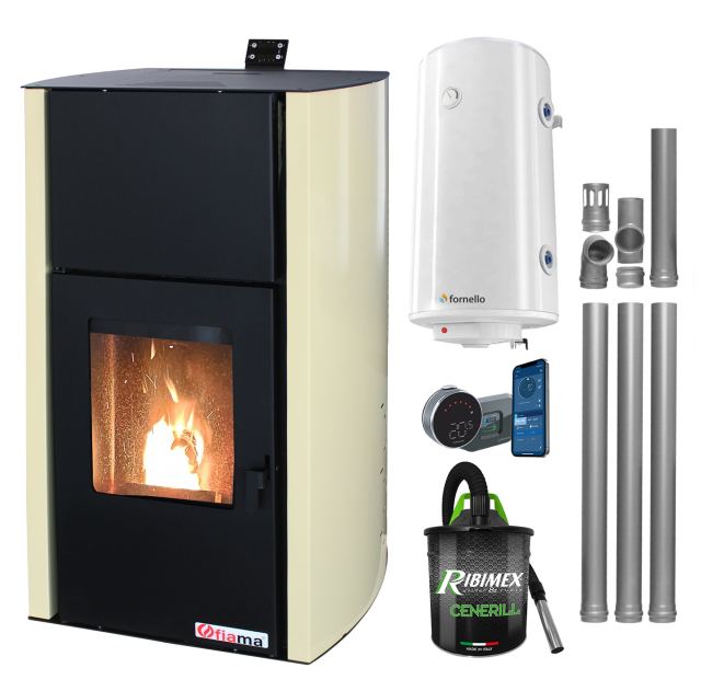 Pachet control de la distanta, Termosemineu pe peleti Fornello Fiama Confort 18 kw, complet echipat pentru incalzire, Pompa, Vas expansiune, Automatizare, Boiler 100 litri, Termostat Salus IT 800, Aspirator Cenusa si Kit evacuare 3.5 ml
