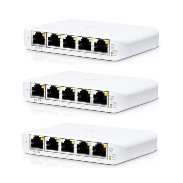 Kit switch Gigabit Ubiquiti UniFi Switch Flex Mini, 5 porturi, 10 Gbps, Layer 2, PoE, cu management, 3 bucati