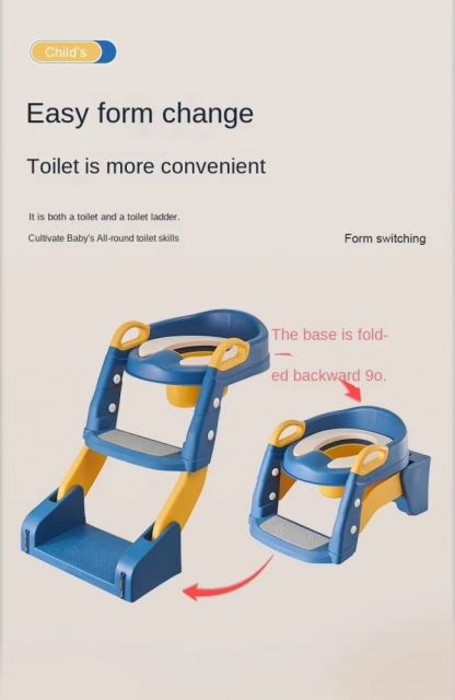 Reductor toaleta pentru copii Little Mom LittleStep Blue, pliabil, ergonomic, sezut din PVC, manere de sustinere, vas colector detasabil, protectie anti-stropire, suprafata antiderapanta, 55 x 35 x 58 cm