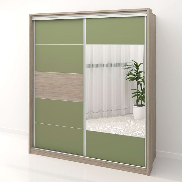 Dulap usi glisante si oglinda PRIMAVERA 185, H205, Oak, Verde Eucalipt
