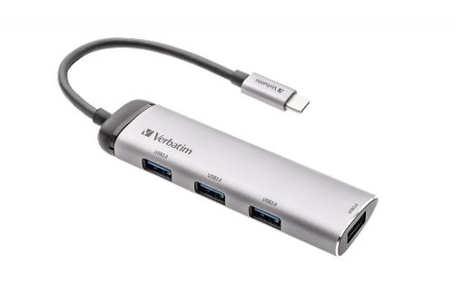 ​Hub USB Verbatim USB-C Multiport 4-in-1, 4x USB-A 3.2 Gen 1, Carcasa din Aluminiu, Cablu 15 cm, Indicator LED, Compatibil cu Windows si Mac OS (Argintiu)​