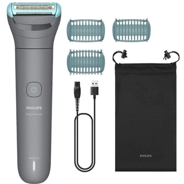 Philips Aparat de ras electric pentru corp Philips Body Groomer BG3485/15, Autonomie 80 minute, Wet&Dry, Husa, Gri