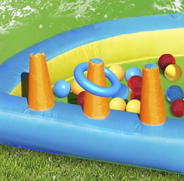 Saltea gonflabila Happy Hop Oasis 7 in 1, loc de joaca cu bile, tun cu apa, spatiu de catarat, doua tobogane, 30 bile plastic incluse