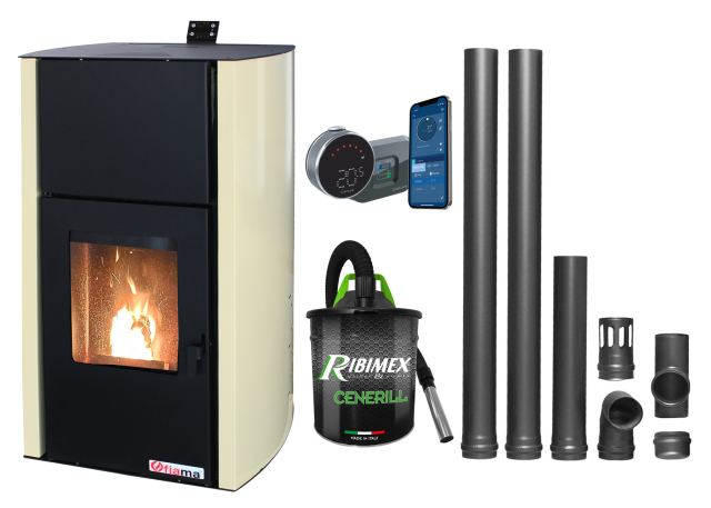 Pachet control de la distanta Termosemineu pe peleti Fornello Fiama Confort 30 kW, cu pompa, vas expansiune, automatizare, termostat, aspirator, kit evacuare 2.5 ml, buncar 35 kg, tiraj fortat, culoare crem, pana la 200 mp