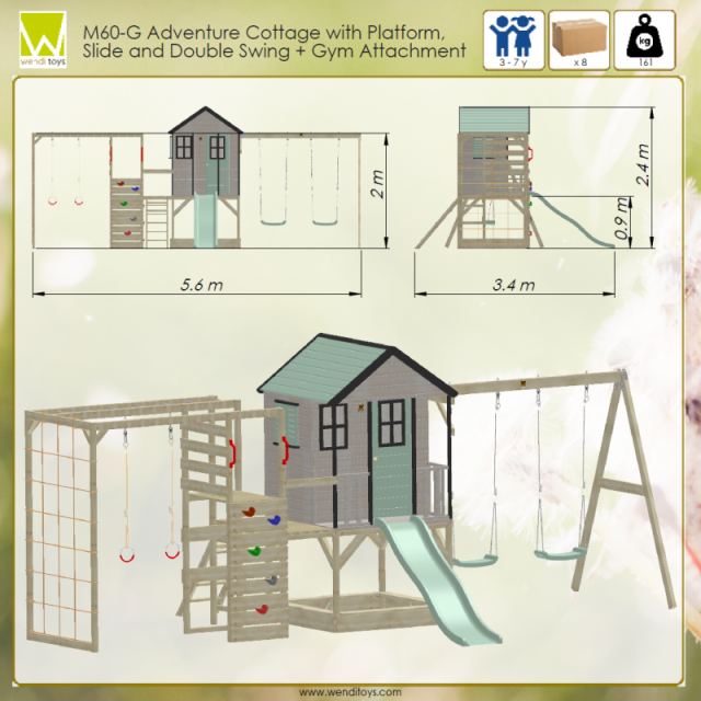Casuta de gradina Pastel Pink Adventure Cottage cu platforma, tobogan, leagan dublu si modul sport Wendi Toys