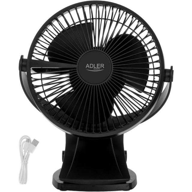 ADLER Ventilator de birou cu clema, Adler AD 7342, Reincarcabil, 15,5 cm, Rotatie la 360°, USB-C, 5 W, 3 Trepte de viteza, Negru