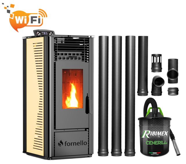 Pachet pentru incalzire format din Semineu (soba) pe peleti cu tiraj fortat Fornello SOPHIA WI-FI 11 kw, aspirator, kit de evacuare 3,5 metri, telecomanda, Wi-fi, culoare Ivory