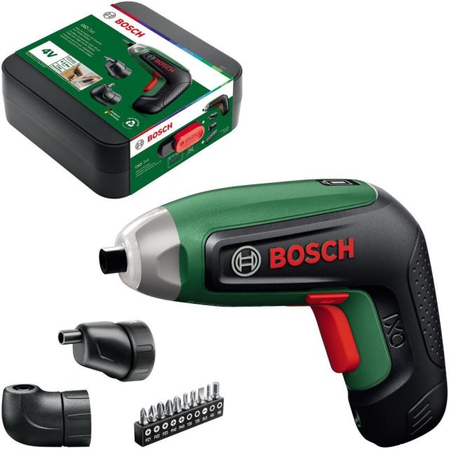 BOSCH Surubelnita pe acumulator Set Bosch IXO 8, 06039G4001, Li-Ion 4V, 2.0Ah, 3/6.5Nm, iluminare led, 10 biti, adaptor excentric, adaptor unghiular, caseta de depozitare, conector micro USB