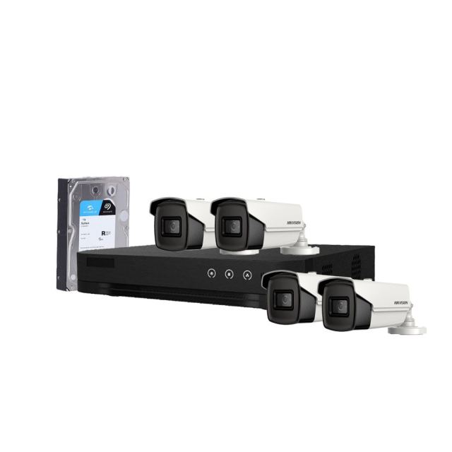 Sistem supraveghere exterior cu HDD 1TB HikVision, 4 camere, 5 MP, IR 60 m, 2.8 mm