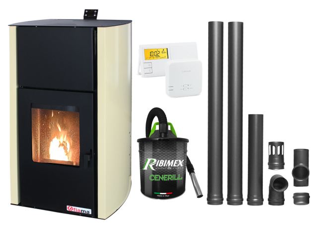 Pachet Termosemineu pe peleti Fornello Fiama Confort 18 kw, complet echipat pentru incalzire, Pompa, Vas expansiune, Automatizare, Termostat Radio Comanda Salus 091FLRFV2, Aspirator Cenusa si Kit evacuare 2.5 ml