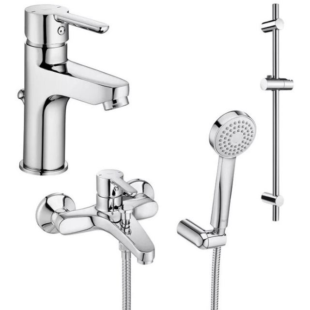 Roca Set 3 in 1 Roca Arola, baterie cada, baterie lavoar, para de dus, furtun de dus, bara de dus, crom