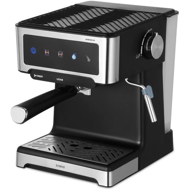 Samus Espressor Samus Espressia 20, 1150 W, Ecran IMD integrat, 20 bari, 3 optiuni, Rezervor apa 1.8 l, Spumare cu abur, Negru-Inox