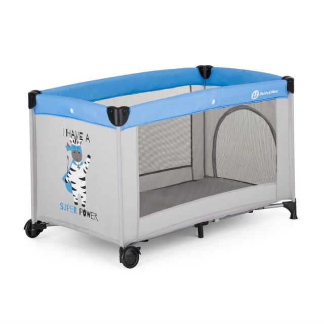 Patut pliabil pentru copii PetiteMars Koot gri 120x60 cm cu roti, functie de tarc, pliere compacta, include geanta de transport, intrare laterala cu fermoar, greutate admisa 15 kg, 0-30 luni