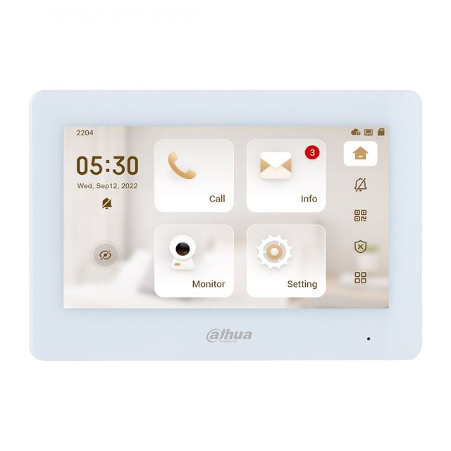 Videointerfon de interior IP WiFi Dahua VTH5421HW-W, ecran 7 inch, 2.4GHz, touchscreen, slot card, difuzor, aparent, 6 intrari alarma, PoE, alb