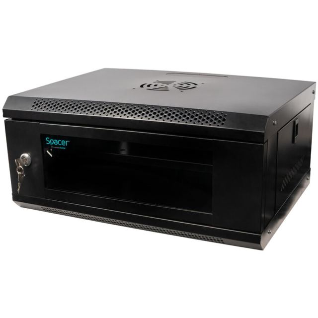 spacer Cabinet metalic Spacer SPCW-4U-450-BK-02 4U, Wall mount, 500 x 450 mm, Glass door, Negru