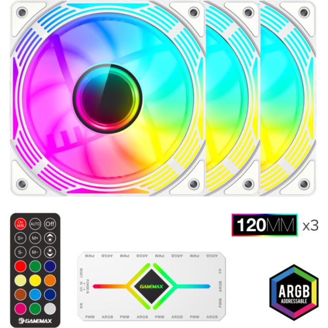 Gamemax Set ventilatoare Gamemax KF300 WH, iluminare ARGB, PWM, 3x 120mm, Alb