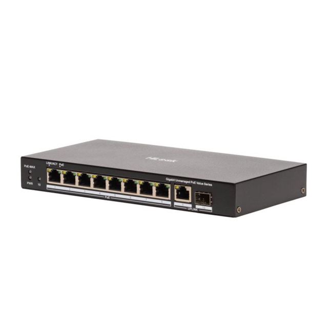 Switch cu 8 porturi PoE Gigabit Hikvision HiLook NS-0510P-80(B), 10/100/1000 Mbps, 1 port SFP, 1 port RJ45, 20 Gbps, buget PoE 80W, fara management