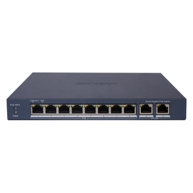 Switch cu 10 porturi Gigabit Hikvision DS-3E0510P-EI, 8 porturi PoE, 2 porturi uplink, 10/100/1000Mbps, 4k MAC, buget PoE 110 W, cu management