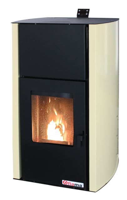 Termosemineu pe peleti Fornello Fiama Confort 30 kW, cu pompa, vas expansiune, automatizare, buncar 35 kg, tiraj fortat, culoare crem, pana la 200 mp