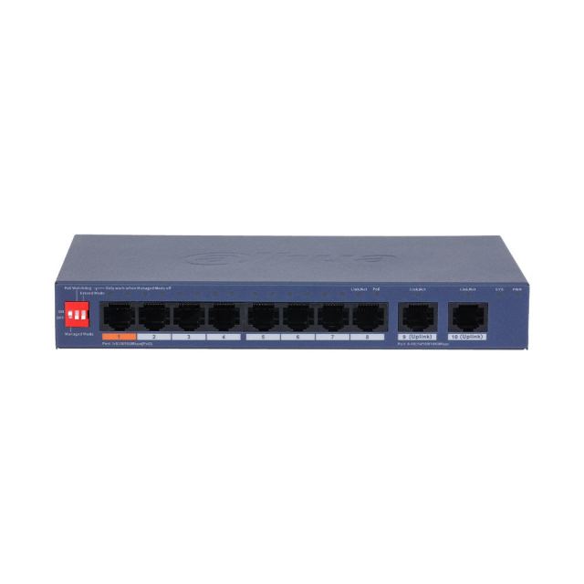 Switch cu 10 porturi Dahua CS4010-8ET2GT-60, 8 porturi PoE 10/100 Mbps, 2 porturi uplink Gigabit, buget 60 W, watchdog, management cloud